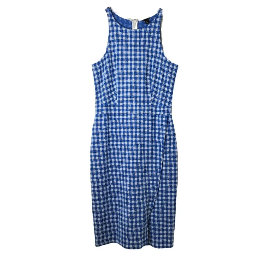 Ann Taylor Blue & White Gingham Check Sleeveless Sheath Dress Size 2 Tall Summer